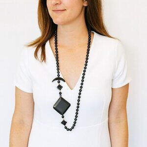 Vintage Obsidian Beaded Statement Necklace with Geometric Black Pendant